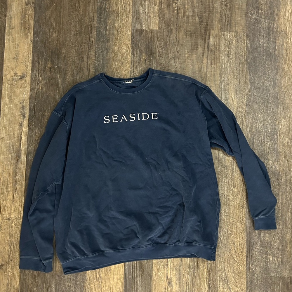 Blue Crewneck Sweater with Seaside Print